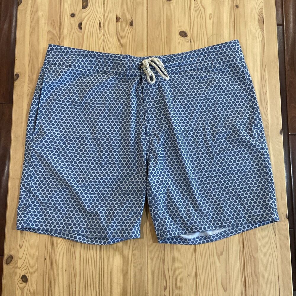 Faherty Trunk Shorts Mens 38 Blue Boarshort Fish Scale Stretch Drawstring Swim